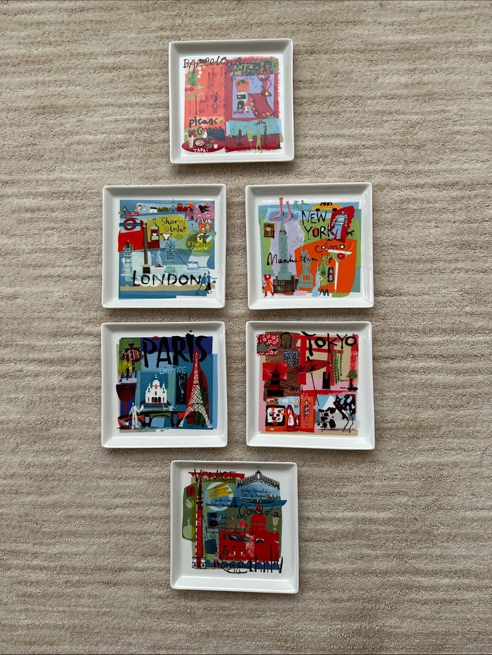 Set of 6 Crate&Barrel Travel World City appetizer plates